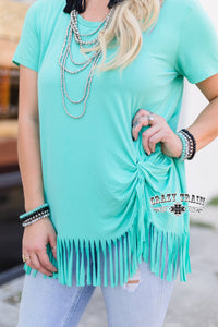 Knotty Best Fringe Top-Turquoise